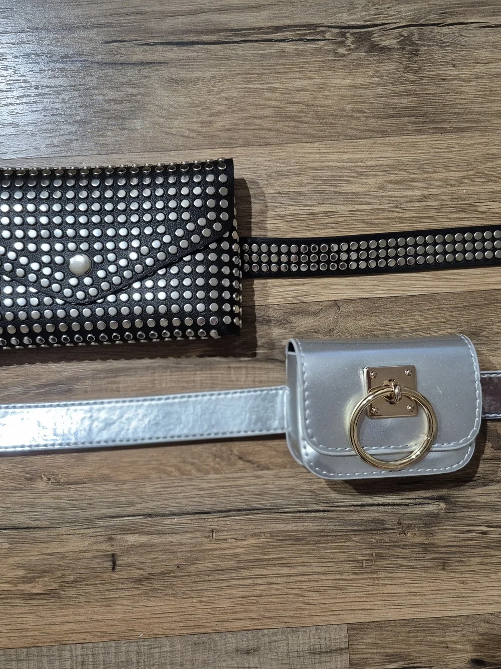 OLD NAVY-Studded Black Belt & Belt Bag & Silver Metallic Belt Pouch Set.